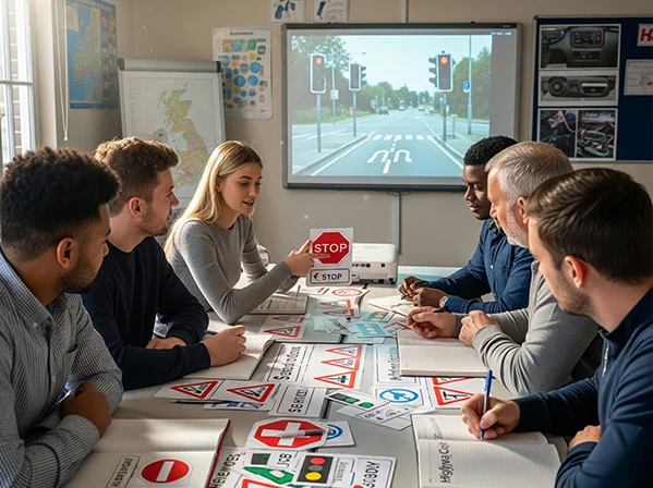 Learner studying UK Highway Code rules and road safety laws with a Manchester One instructor