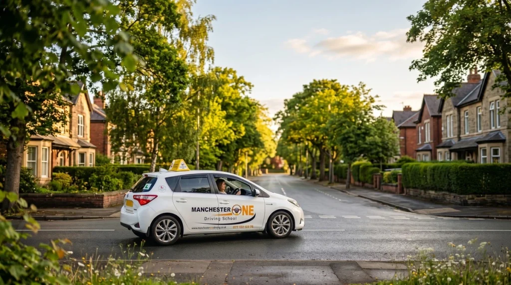 A calm learner driver taking driving lessons in a Manchester One tuition car on a quiet residential street to overcome driving test nerves.