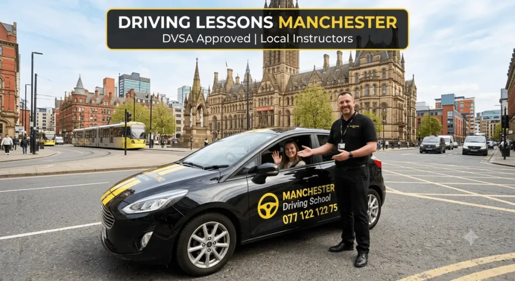 Manchester One driving school car with instructor and learner outside Manchester Town Hall
