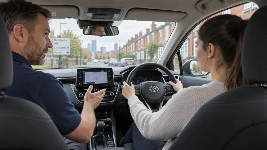 Change Driving Instructor Manchester assessment lesson with learner and instructor