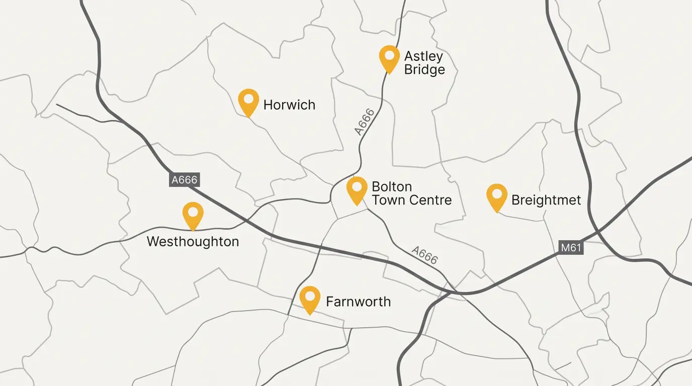 Map of Bolton areas and BL postcodes covered by Manchester One Driving School