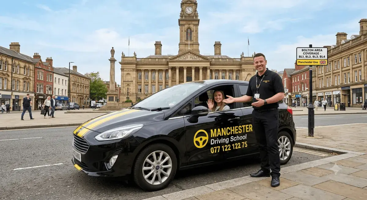 Manchester One driving school car with instructor outside Bolton Town Hall