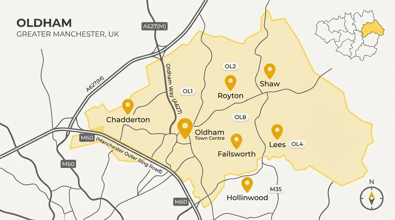 Map of Oldham areas and postcodes covered by Manchester One Driving School