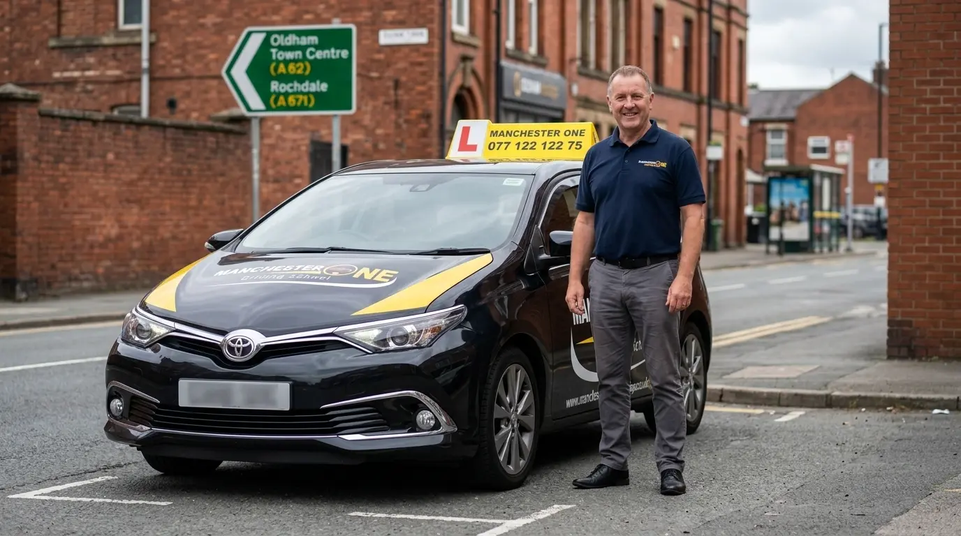 Manchester One driving school car with instructor in Oldham Town Centre