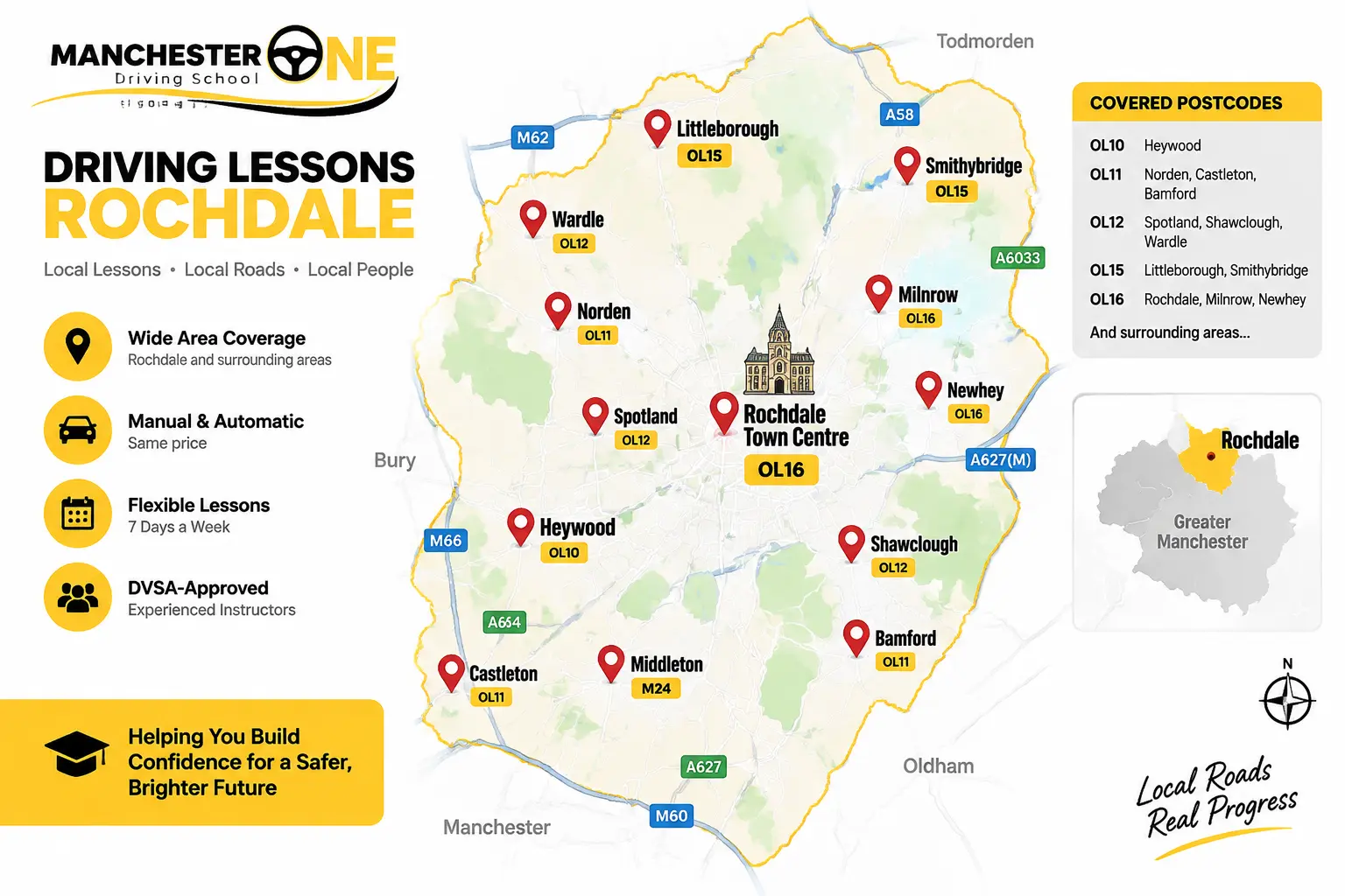 Map of Rochdale areas and postcodes covered by Manchester One Driving School
