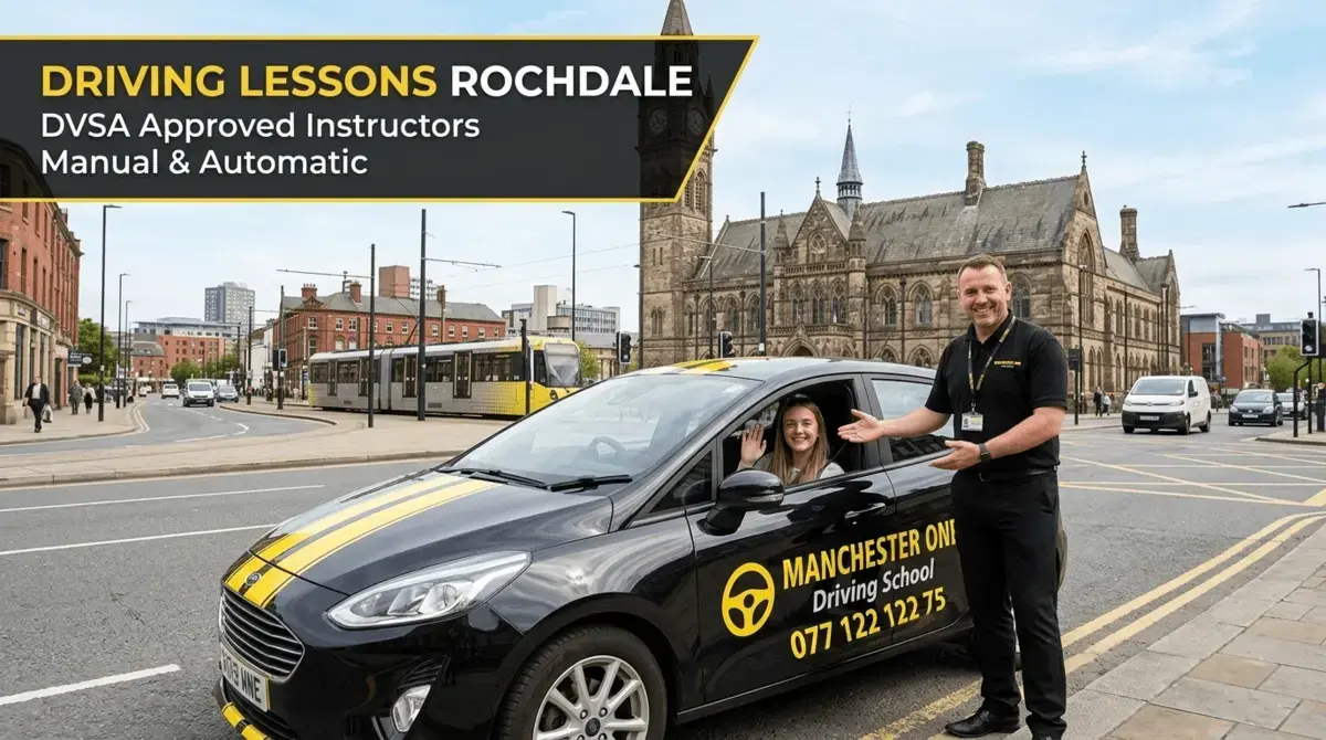 Manchester One driving school car with instructor in Rochdale Town Centre