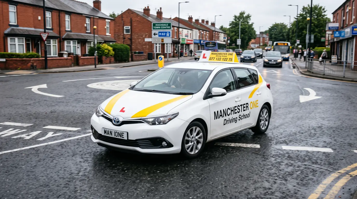 Learner driver practising near Rochdale driving test centre on Moss Bridge Road