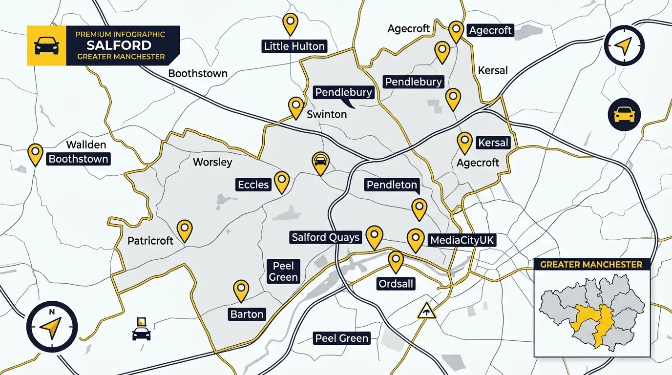 Map of Salford areas and postcodes covered by Manchester One Driving School