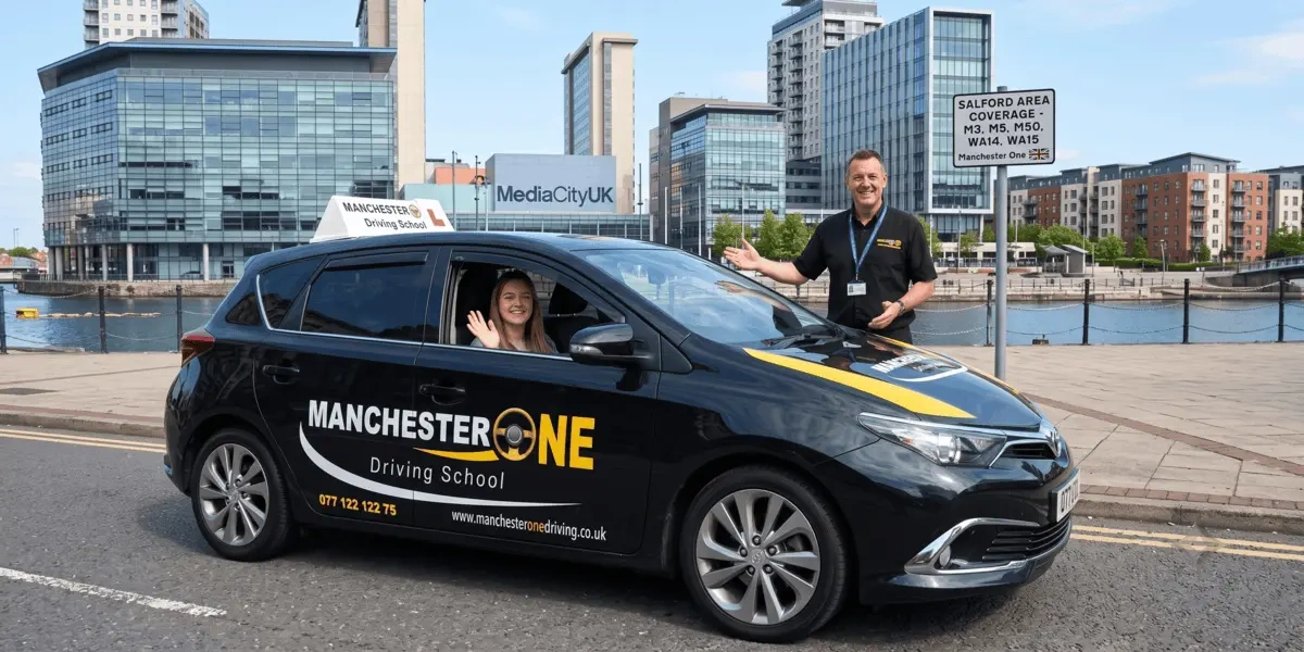Manchester One driving school car with instructor at MediaCityUK, Salford Quays