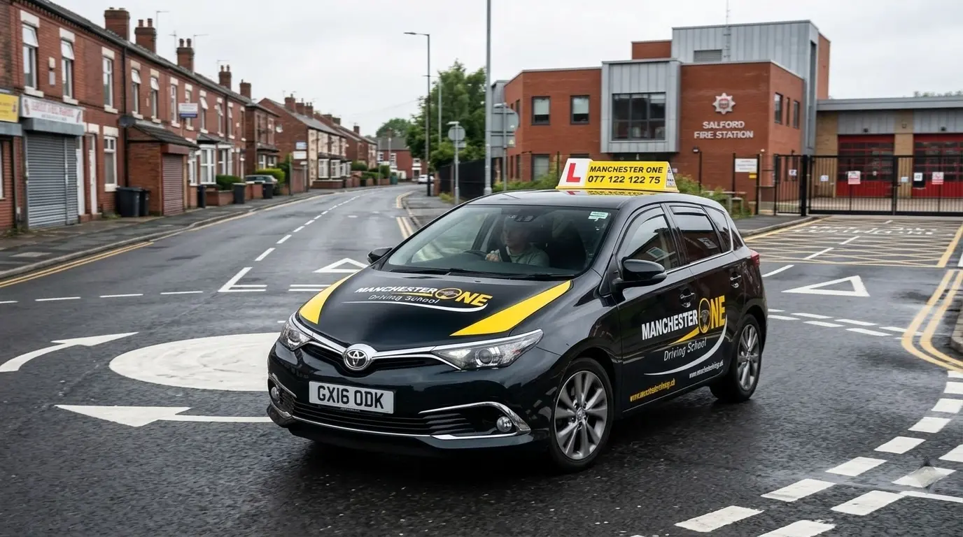 Learner driver practising near Salford driving test centre on Liverpool Street