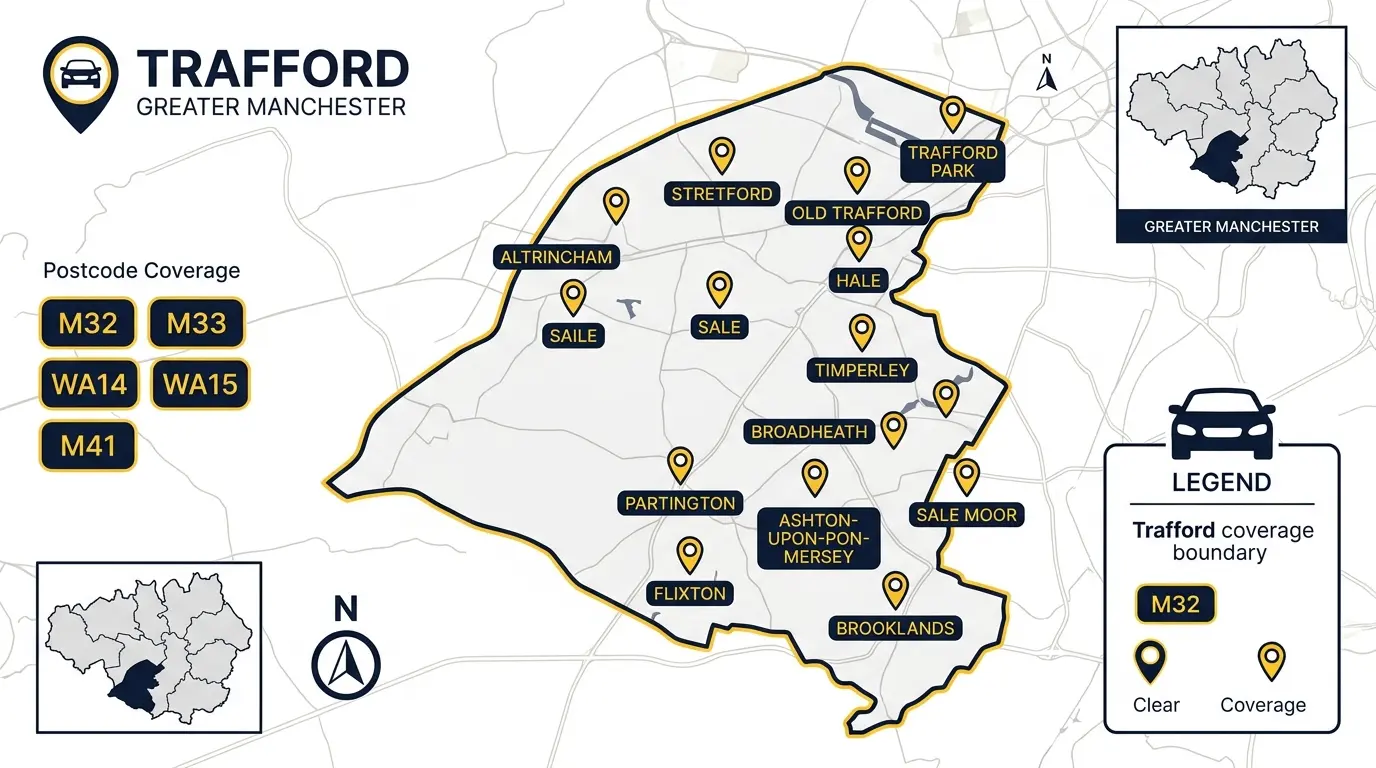 Map of Trafford areas and postcodes covered by Manchester One Driving School