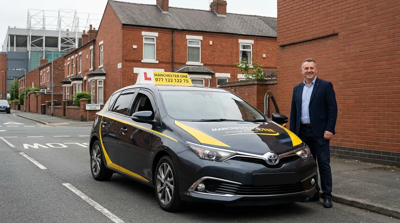 Manchester One driving school car with instructor near Old Trafford, Stretford