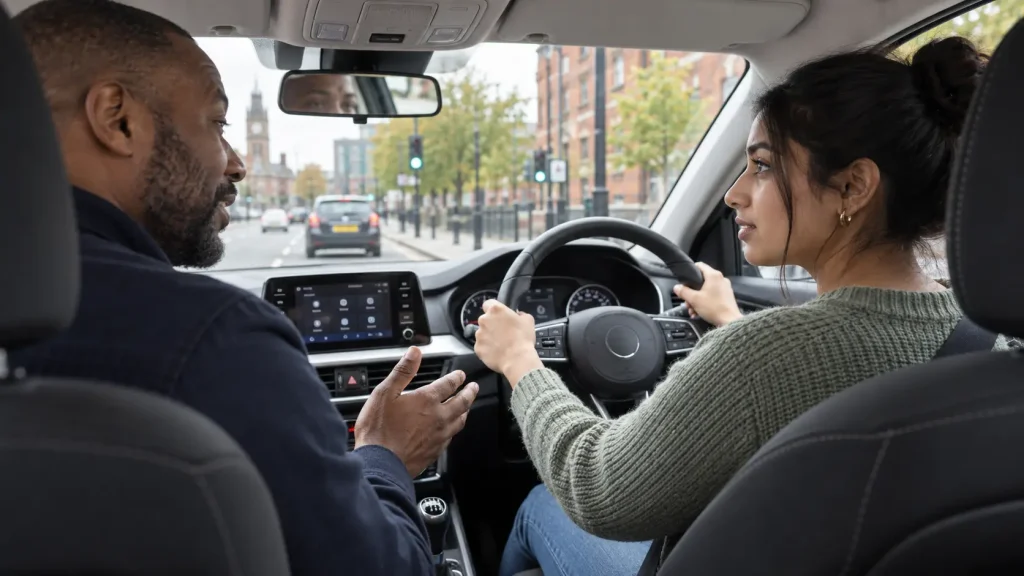 Nervous learner taking a driving lesson with a calm instructor in Manchester